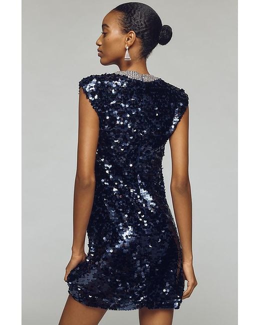 Maeve Blue Sleeveless V-Neck Sequin Mini Dress