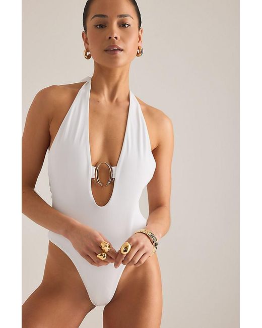 Bardot Brown Adrina Halter Plunge One-Piece Swimsuit