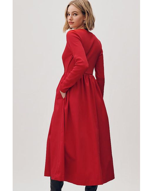 Maeve Red Long-Sleeve Twofer Cardigan Midi Dress