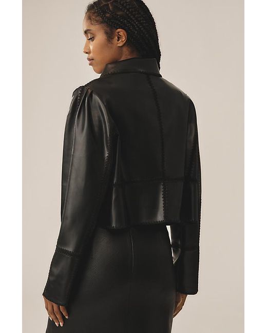 By Anthropologie Black Whipstitch Faux-Leather Swing Jacket