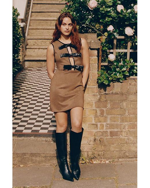 Flat White Brown Faux-Suede Sleeveless Bow-Trim Mini Dress