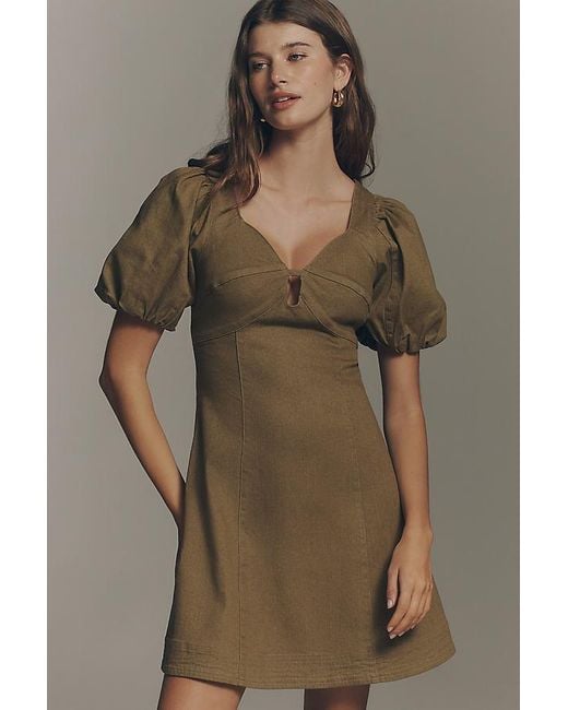En Saison Green Isabelle Puff-Sleeve Sweetheart Mini Dress