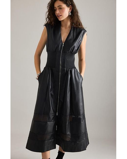 By Anthropologie Blue The Tommie Faux-Leather Front-Zip Midi Shirt Dress