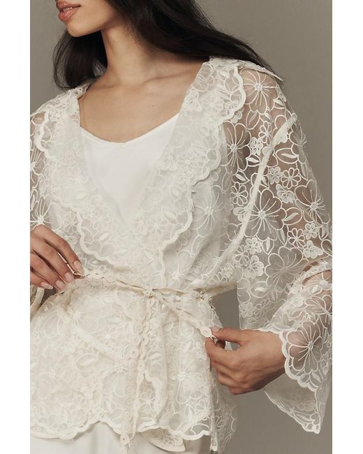 By Anthropologie Natural Sheer Floral Lace Tie-Waist Kimono