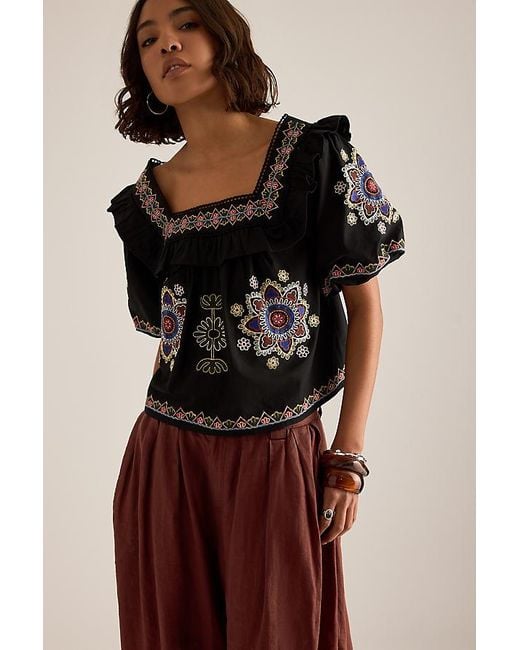 By Anthropologie Black Ruffle Puff-Sleeve Embroidered Blouse