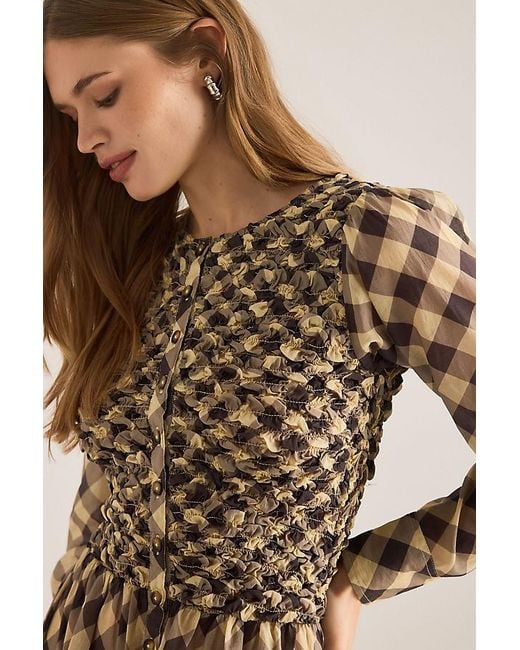 Damson Madder Check Long-Sleeve Midi Dress in Brown | Lyst UK