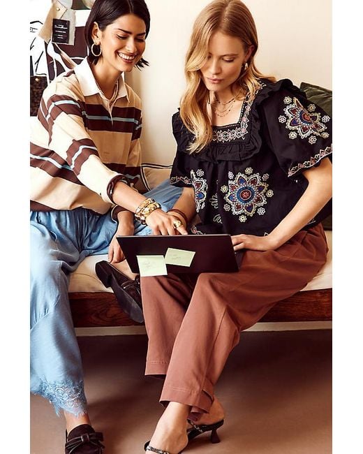By Anthropologie Black Ruffle Puff-Sleeve Embroidered Blouse