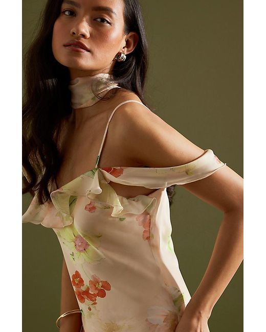 By Anthropologie Green Asymmetric Scarf Ruffle Slip Midi Dress