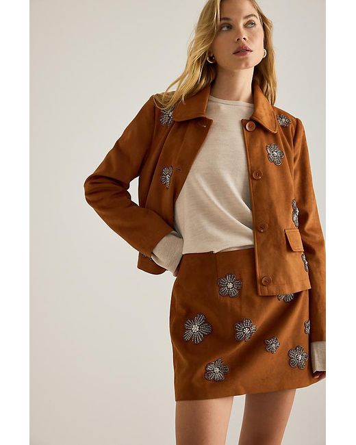 By Anthropologie Brown Faux-Suede Embellished Mini Skirt