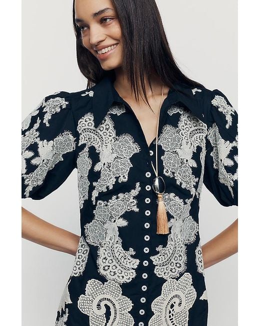 By Anthropologie Blue Button-Front Appliqué Midi Dress