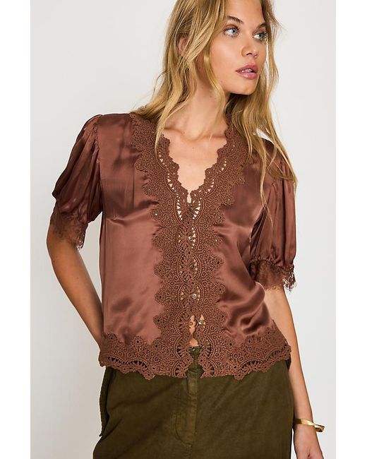 By Anthropologie Brown Stella Satin Lace-Trim Blouse