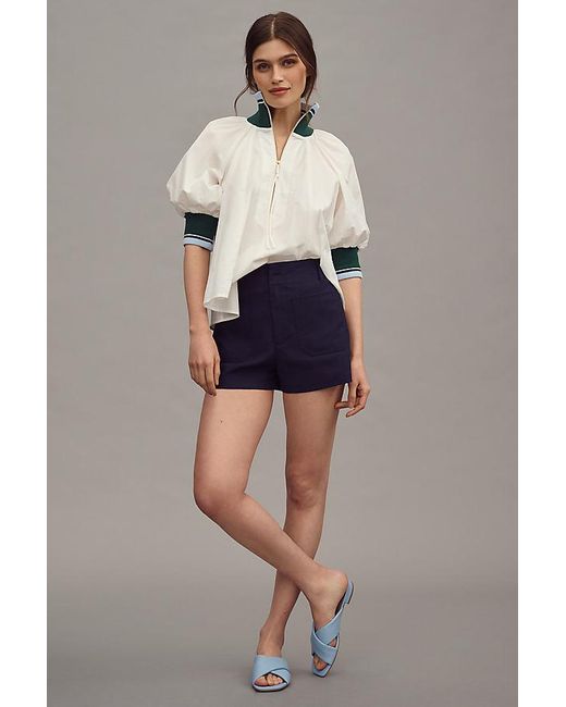 Maeve White Half-Zip Puff-Sleeve Sporty Henley Blouse