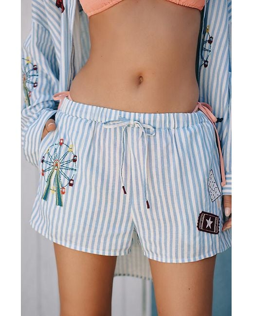 Celandine Blue Linen Embroidered Drawstring Shorts