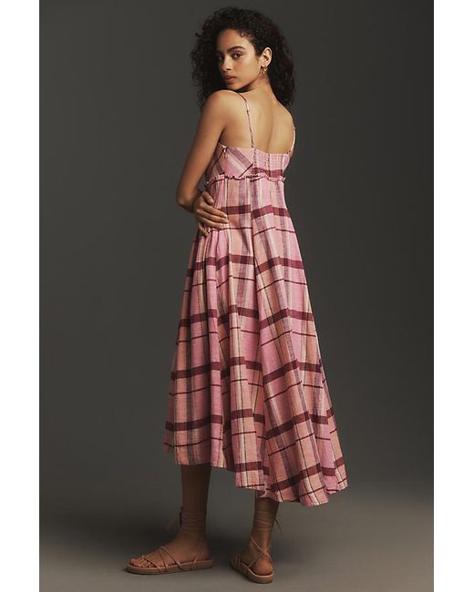 Maeve Pink Linen Pleated-waist Hanky-hem Midi Dress