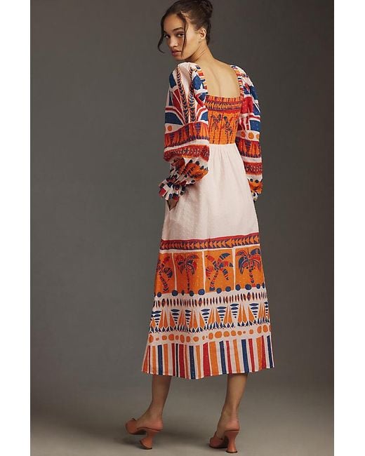 Farm Rio Gray Long-sleeve Smocked Printed Midi Dress