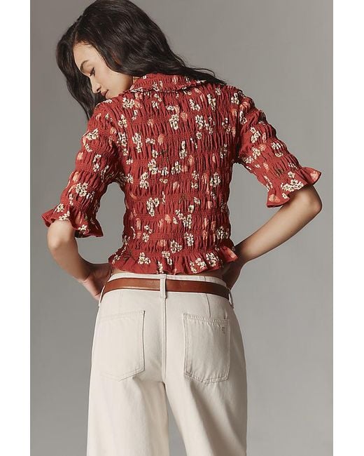 Maeve Gray Ruffle Button-Front Top