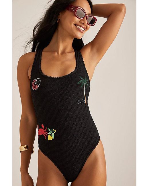 Damson Madder Tashi Embroidered One-Piece Swimsuit in Black