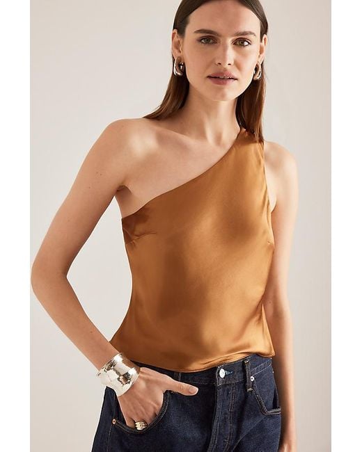 By Anthropologie Brown Satin One-Shoulder Top