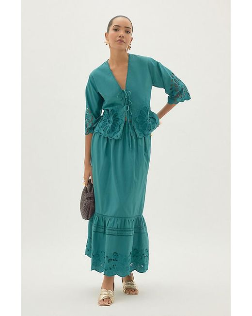 By Anthropologie Blue Tiered Cutwork Maxi Skirt