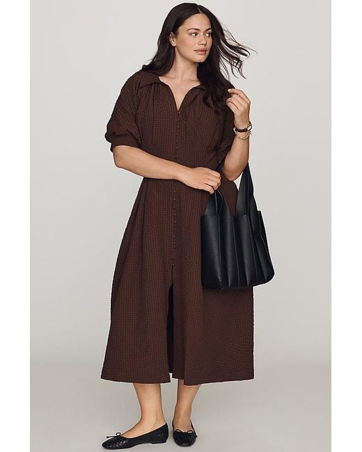 English Factory Brown Puff-Sleeve Textured Midi Shirtdress