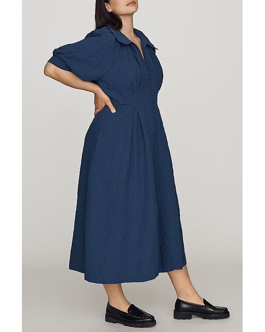 English Factory Blue Puff-Sleeve Textured Midi Shirtdress