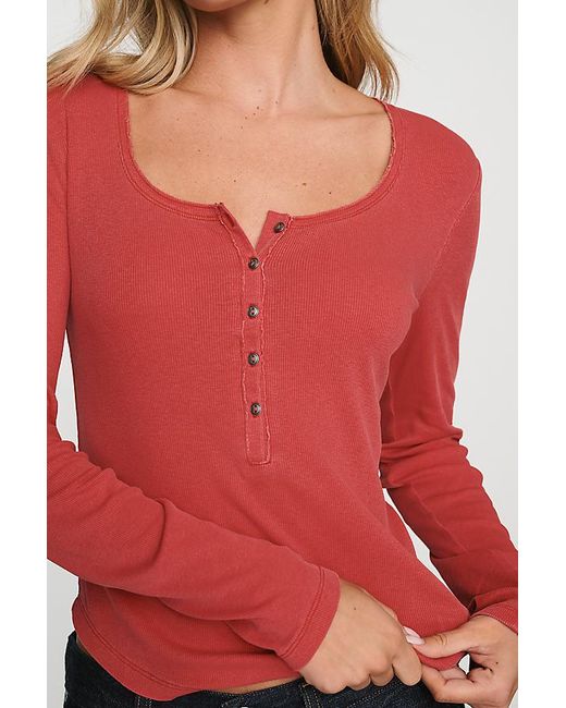 Pilcro Red Ribbed Long-Sleeve Henley Top