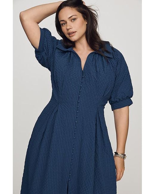 English Factory Blue Puff-Sleeve Textured Midi Shirtdress
