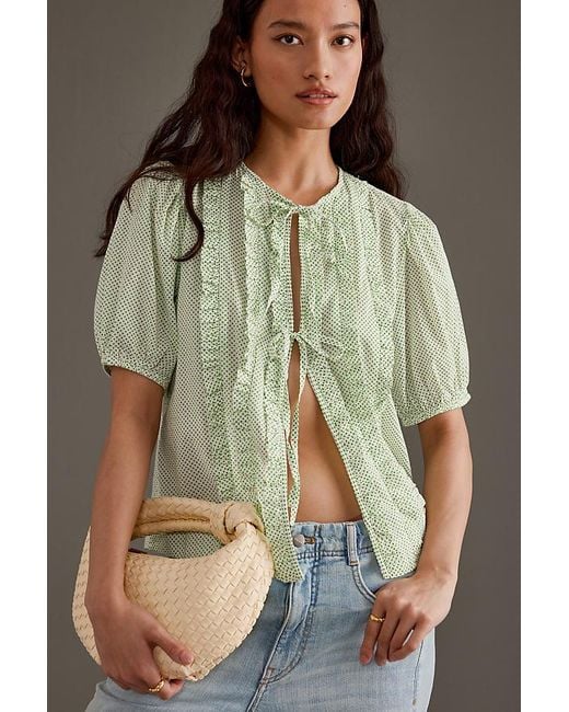 Damson Madder Green Ines Tie-front Ruffle Blouse