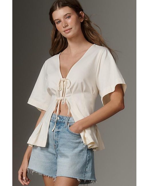 By Anthropologie White Waisted Tie-Front Top