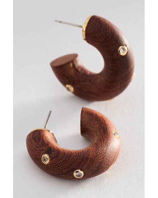 By Anthropologie Brown Shimmered Wood Hoop Earrings
