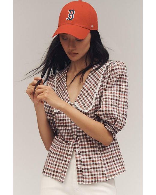 Maeve Brown Collared Puff-Sleeve Blouse