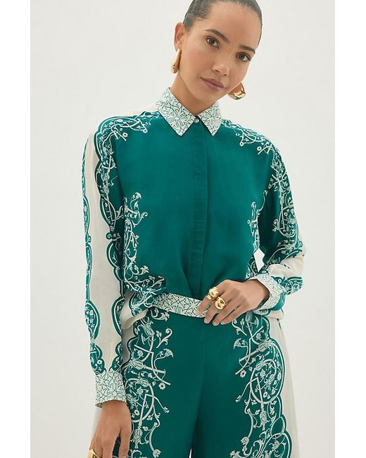 By Anthropologie Green Silky Printed Wide-Leg Trousers