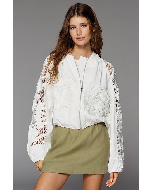 By Anthropologie Natural Floral Embroidered Bomber Jacket