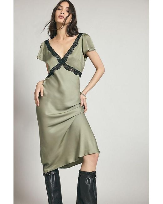 By Anthropologie Green Lace Trim Satin Midi Dress