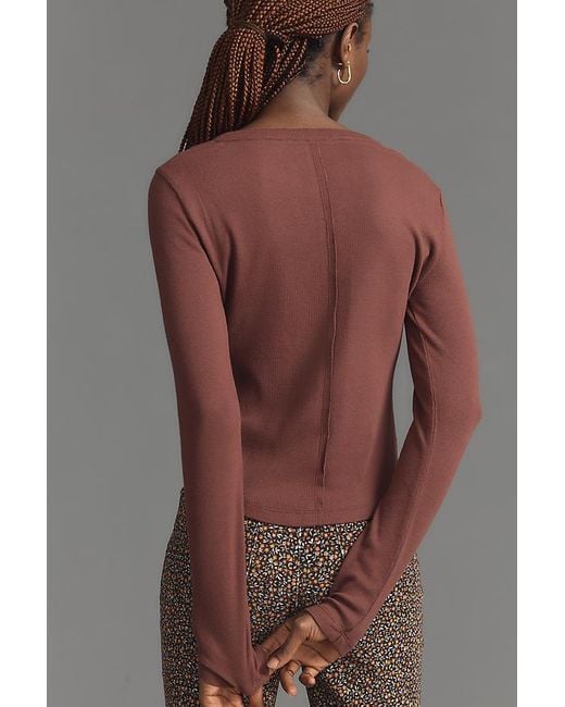 Pilcro Brown Ribbed Long-sleeve Henley Top