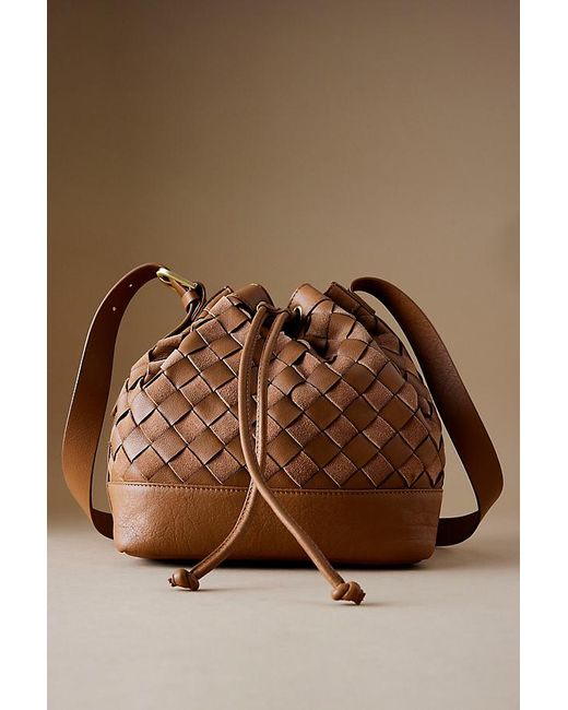 By Anthropologie Brown Check Leather Bucket Bag