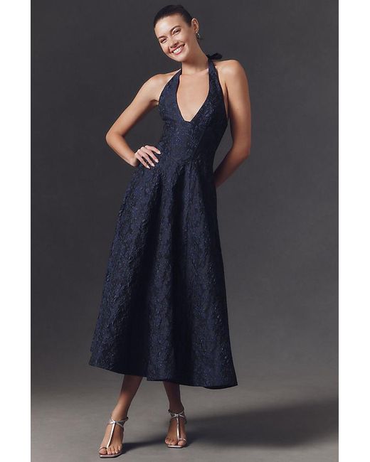 Mare Mare Blue Halter Corset Fit & Flare Jacquard Maxi Dress