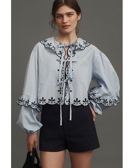 Maeve Gray Long-Sleeve Scallop Tie-Front Blouse