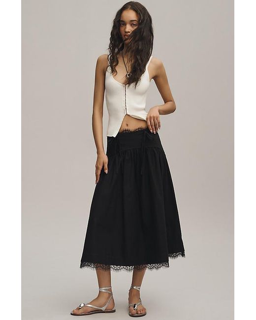By Anthropologie Brown Waisted Lace Trim Skirt