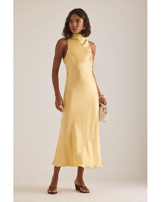 By Anthropologie Natural Milly Satin High-Neck Midi Dress