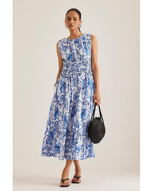 By Anthropologie Blue Sleeveless Poplin Smocked Midi Dress
