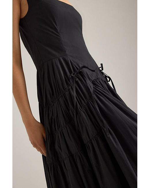 By Anthropologie Black Ruched Bow Midi Pinafore Dress
