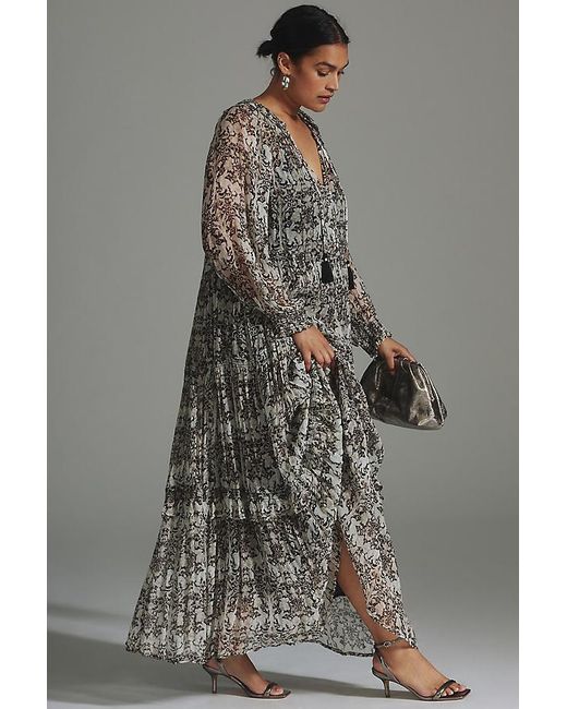 By Anthropologie Black The Marais Printed Chiffon Maxi Dress