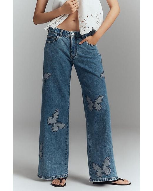 Pilcro Blue Butterfly Low-Slung Wide-Leg Jeans