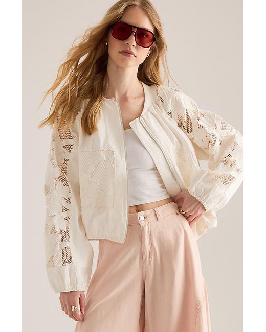 By Anthropologie Natural Floral Embroidered Bomber Jacket