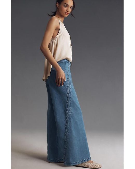 Maeve Blue Scallop-Edge High-Rise Wide-Leg Jeans