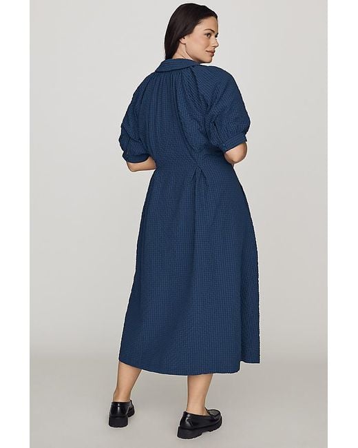 English Factory Blue Puff-Sleeve Textured Midi Shirtdress