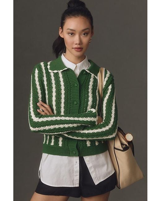 4si3nna Green Collared Crochet Open-stitch Cardigan