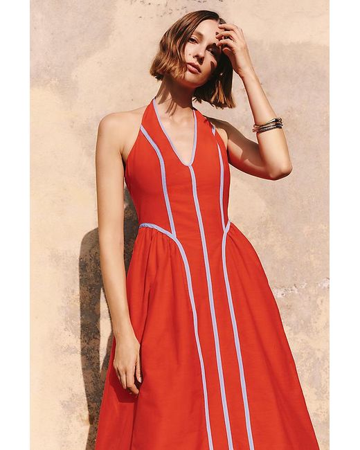By Anthropologie Red Halter V-Neck Fit & Flare Midi Dress