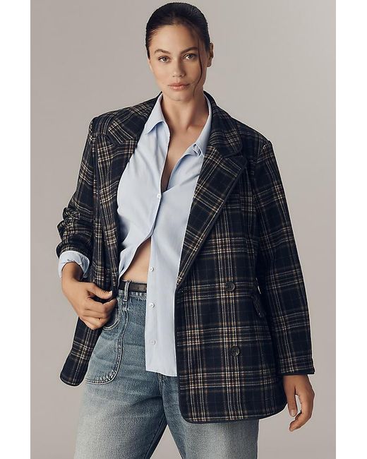 Avec Les Filles Blue Double-Breasted Knit Plaid Blazer